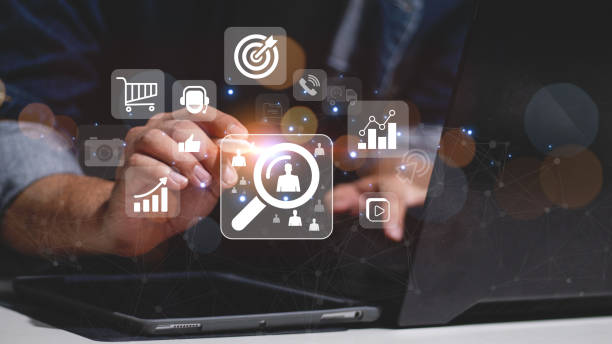 Digital Marketing Media Technology Graphic Concept, Business Lead And Customer Generation Magnet Pulling Figures, Businessman using mobile smart phone