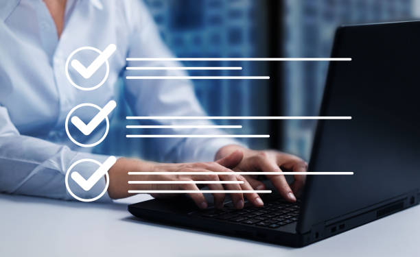 Survey form, check marks on checklist, document control, filling online form and answering questions, business project concept.